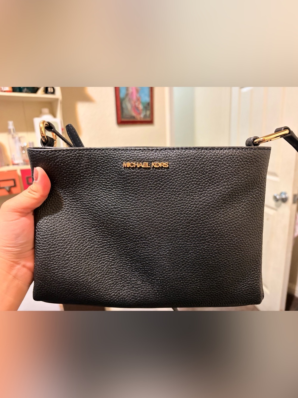 Michael Kors Black Pebbled Leather Crossbody with Gold Logo
